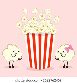 Cute and cheerful popcorn. Cartoon popcorn character illustration isolated on pink background. Illustration vector
