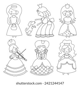 Cute cheerful princesses in elegant dresses are engaged in pleasant leisure time vector illustration