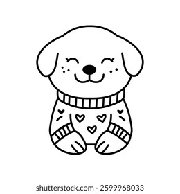 Cute Cheerful Puppy Little Dog Pet Animal Cartoon Character Wearing Sweater in Line Art Style