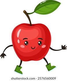 Cute and cheerful red apple cartoon character walking in vibrant green boots, radiating happiness and playfulness, ideal for promoting healthy eating and engaging children s illustrations