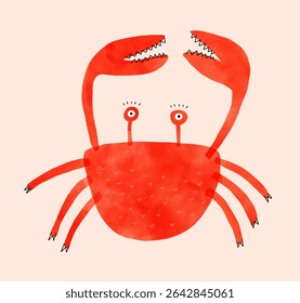 Caranguejo Vermelho Alegre Bonito Com Grandes Garras. Arte Vetorial De Berçário Com Caranguejo Vermelho Engraçado Isolado Em Um Fundo Rosa Pastel. Sealife. Arte Infantil Do Caranguejo.