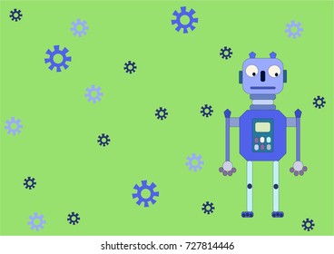 Cute cheerful robot in blue tones. In the background, bands and gears. STEM education. Children's toy. A modern gadget.