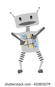 Cute cheerful robot character plays tic-tac-toe