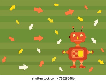 Cute cheerful robot in red and green tones. In the background, bands and arrows. STEM education. Children's toy. A modern gadget. Vector.