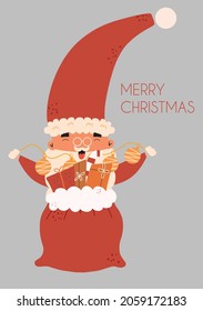 Cute cheerful santa claus with a bag of gifts. Christmas card, flyer. Vector illustration in flat style