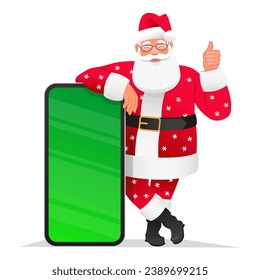 Cute and cheerful Santa Claus in a beautiful suit with snowflakes is standing at a huge smartphone with a chroma key. Old Santa points to the mobile phone screen. New Year's concept for advertising svg