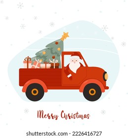 Cute and cheerful Santa Claus drives a red car with a Christmas tree and gifts. Design for greeting card, invitation, poster, website. Vector illustration