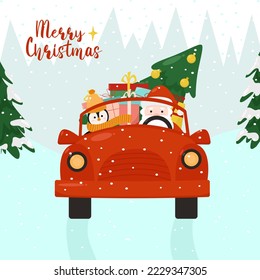 Cute and cheerful Santa Claus and a penguin in a hat drives a red car with a Christmas tree and gifts. Design for greeting card, invitation, poster, website. Vector illustration