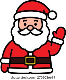 Una linda y alegre Ilustración vectorial de Santa Claus con un carácter navideño amistoso saludando con una sonrisa brillante. Este diseño de Santa limpio, moderno y de estilo plano es perfecto para el saludo de vacaciones 