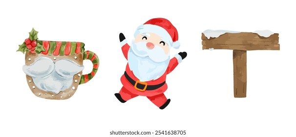 Cute cheerful Santa, festive mug, and snowy signpost in a Christmas vector isolated on white background vector illustration