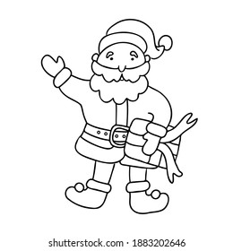 Cute cheerful Santa with a gift box in doodle sketch style.  Vector illustration. Isolated black outline. Great for greeting Xmas cards design.