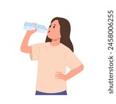 Cute cheerful schoolgirl child isolated cartoon character drinking mineral water from plastic bottle