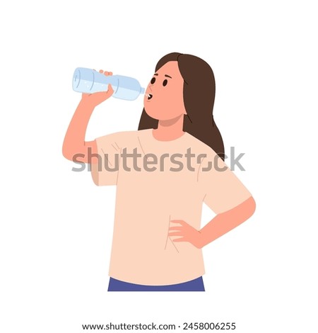 Cute cheerful schoolgirl child isolated cartoon character drinking mineral water from plastic bottle