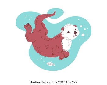 Cute and cheerful sea otter swimming underwater, cartoon flat vector illustration isolated on white background. Funny marine mammal. Aquatic animal floating in sea.