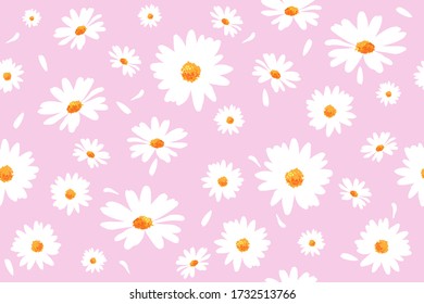 El patrón vectorial ilumina las flores de margarita blancas en un fondo rosado. EPS10.