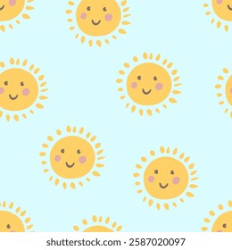 Cute cheerful seamless sun pattern perfect for summer kids designs print vector illustration