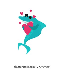 Cute cheerful shark cartoon character holding pink heart, funny blue fish cartoon vector Illustration