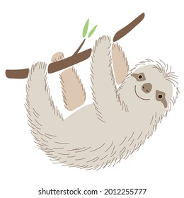 A cute cheerful sloth hangs on a branch and smiles. Stylish vector graphics
