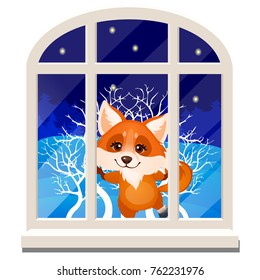Cute cheerful smiling fox looks out through the window isolated on a white background. Sketch of Christmas festive poster, party invitation, other holiday card. Vector cartoon close-up illustration.