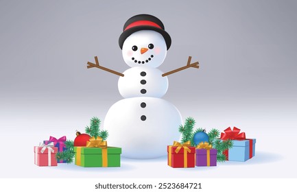 Cute cheerful smiling snowman in the snow, surrounded by colorful boxes with gifts. Vector illustration
