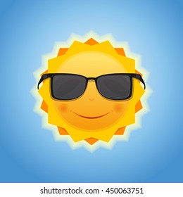 Cute cheerful smiling sun on blue sky background. Happy cartoon sun in sunglasses. Vector flat illustration