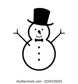 Cute cheerful snowman icon. Black contour linear silhouette. Front view. Editable strokes. Vector simple flat graphic illustration. Isolated object on a white background. Isolate.