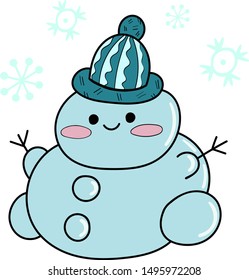cute cheerful snowman in a knitted hat