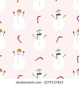 Patrón transparente de muñeco de nieve, dibujo de vector plano de dibujos animados. Hand dibujó el trasfondo infantil de Navidad. Excelente para papel de envolver de temporada.