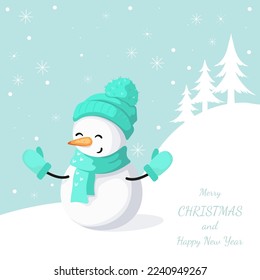 Cute cheerful snowman winter symbol. Christmas or New Year greeting card design element.