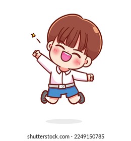 Cute cheerful student boy jumping cartoon character kid children school education hand draw art illustration