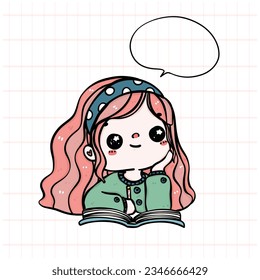 A cute cheerful student girl lost in dreams in a classroom. Colorful and playful character illustration doodle hand drawing.