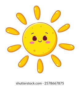 Cute cheerful sun cartoon character. Summer concept design. Kawaii object icon mascot vector illustration.