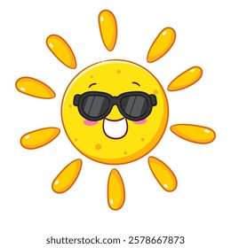 Cute cheerful sun wearing black sunglasses. Summer concept design. Kawaii object icon mascot vector illustration.