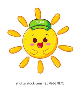 Cute cheerful sun wearing Hat. Summer concept design. Kawaii object icon mascot vector illustration.