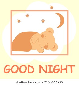 Cute cheerful teddy bear in kawaii style sleeps under a blanket against the backdrop of the moon and stars. Good night.. Minimalistic universal card. Vector image.