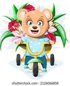 Un osito de Teddy, bonito y alegre, monta en triciclo con un gran ramo de flores