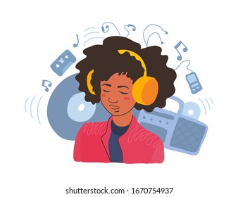 Cute cheerful teenager listen to music. Various objects on a background: vinyl record, cassette recorder, player, headphones, audio cassette. Vector cartoon illustration isolated on white background.