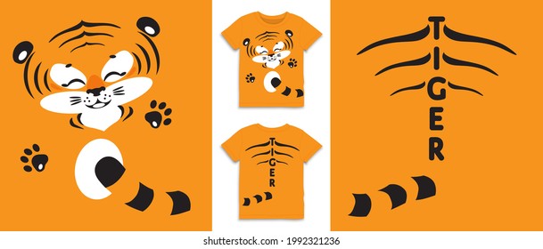 Cute cheerful tiger little cub - lunar 
 chinese 2022 new year animal symbol. Kawaii doodle character - funny face, paws and tail. Vector illustration for kids t shirt, clothing, front and back mockup