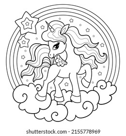 Cute cheerful unicorn. Black and white linear drawing. Round composition.For children's design of prints, posters, stickers, postcards. Vector illustration.