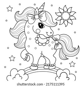 A cute cheerful unicorn with bows stands on a rainbow. Black and white linear drawing. Hand drawn. For children's design of coloring books, prints, posters, education. games, decor, etc. Vector