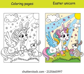 Cute and cheerful unicorn sitting with an Easter bunny on a sunny spring lawn. Coloring book page with color template. Vector cartoon illustration. For kids coloring, card, print, design, decor puzzle