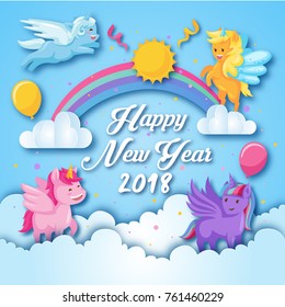 Cuto alegre tema de Unicornio Feliz Año Nuevo 2018 Ilustración de tarjeta de arte de papel, tarjeta de saludo apropiada para niños, invitación de fiesta y medios sociales