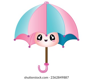 Cute and cheerful vector illustration of a pink and blue umbrella with a smiley face. This adorable illustration is perfect for children's products, books, stationery, and more.