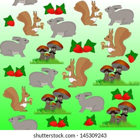 Cute cheerful vector seamless pattern with forest animals, mushrooms and berries.