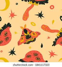 Cute and cheerful vector seamless pattern with moth and mushrooms with eyes, moons and stars in bright autumnal colors