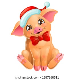 The cute cheerful yellow pig head with blue bow and Santa Claus cap sits. A yellow hog, boar a symbol 2019 New Years according to the Chinese calendar. A cartoon vector illustration isolated on white.