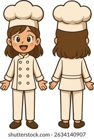 A cute and cheerful young chef character illustrated in cartoon style, shown in both front and back views. 