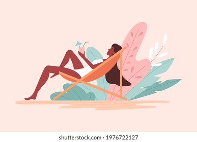 Cute cheerful young woman lies on lounger with a glass of cocktail. Concept of beautiful women in different situations. Feminine concept. International women s day. Flat cartoon vector illustration