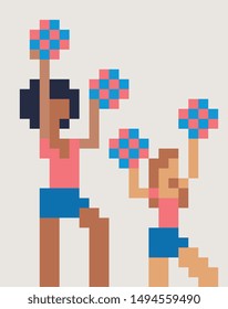Cute cheerleader girls. American Soccer Fans Cartoon Character. Pixel art icon, design for logo, sticker and mobile app. Сartoon flat style. Isolated vector illustration. 