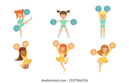 Cute Cheerleader Girls Dancing Set, Smiling Girls Dancers with Pompoms During Sports Competition Vector Illustration